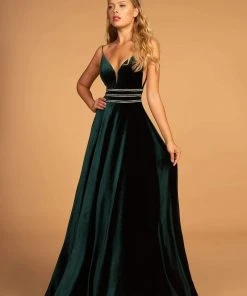 Elizabeth K - Illusion Plunging Velvet Long Gown GL2584