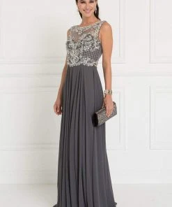 Elizabeth K Jeweled Illusion Bateau Chiffon A-line Gown GL1565 - 1 Pc Charcoal In Size L Available
