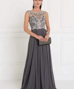 Elizabeth K Jeweled Illusion Bateau Chiffon A-line Gown GL1565 - 1 Pc Charcoal In Size L Available
