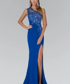 Elizabeth K Laced Asymmetrical Neck Gown GL2066 Formal Gowns