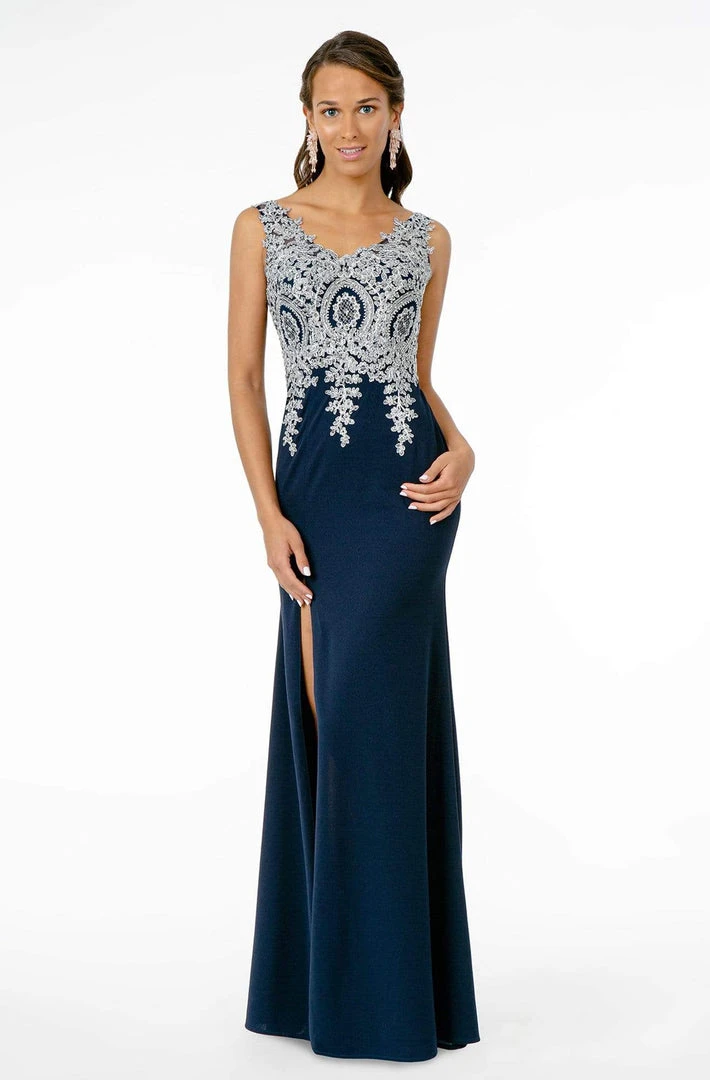 Elizabeth K - Metallic Lace Appliqued Bodice Dress GL1839 - 1 Pc Navy/Silver In Size L Available 3 Elizabeth K - Metallic Lace Appliqued Bodice Dress GL1839 - 1 Pc Navy/Silver In Size L Available