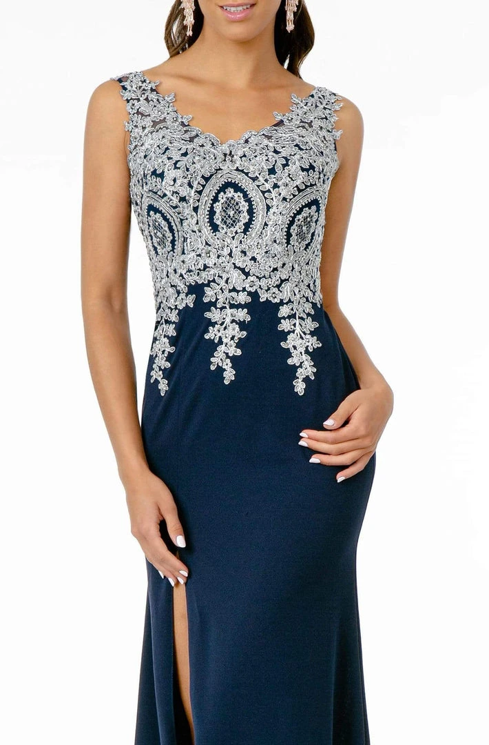 Elizabeth K - Metallic Lace Appliqued Bodice Dress GL1839 - 1 Pc Navy/Silver In Size L Available 5 Elizabeth K - Metallic Lace Appliqued Bodice Dress GL1839 - 1 Pc Navy/Silver In Size L Available