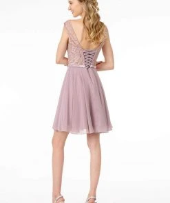 Elizabeth K - Sleeveless Lace Chiffon Dress GS2807 - 1 Pc Mauve In Size L Available Cocktail Dresses