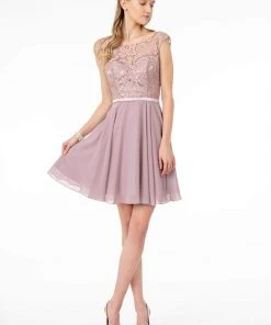 Elizabeth K - Sleeveless Lace Chiffon Dress GS2807 - 1 Pc Mauve In Size L Available Cocktail Dresses