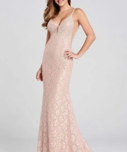 Formal Gowns Ellie Wilde - EW120003 Lace Deep V-neck Trumpet Dress