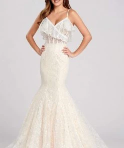 Formal Gowns Ellie Wilde - EW120082 Sequin Embellished Ruffled V-Neck Dress