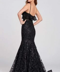Formal Gowns Ellie Wilde - EW120082 Sequin Embellished Ruffled V-Neck Dress