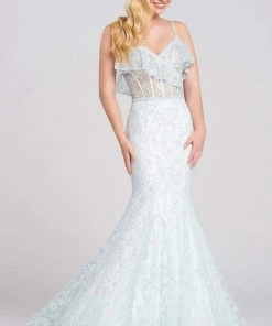 Formal Gowns Ellie Wilde - EW120082 Sequin Embellished Ruffled V-Neck Dress