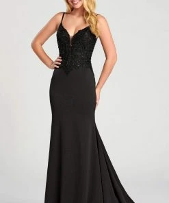 Ellie Wilde - EW120084 V Neck Embroidered Corset Bodice Jersey Gown