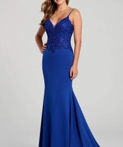 Ellie Wilde - EW120084 V Neck Embroidered Corset Bodice Jersey Gown