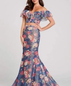 Ellie Wilde - EW120099 Off-Shoulder 2-Piece Novelty Lace Trumpet Dress Formal Gowns
