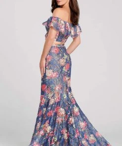 Ellie Wilde - EW120099 Off-Shoulder 2-Piece Novelty Lace Trumpet Dress Formal Gowns