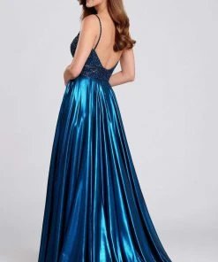 Ellie Wilde - EW120107 Beaded Plunging V-neck A-line Gown Formal Gowns