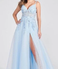 Ellie Wilde - Floral Lace A-Line Prom Dress EW122057 - 1 Pc Light Blue In Size 22 Available