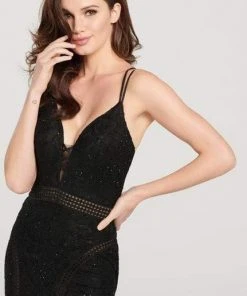 Formal Gowns Ellie Wilde - Strappy Illusion Cutout Trimmed Evening Dress EW119143 - 1 Pc Black In Size 2 Available