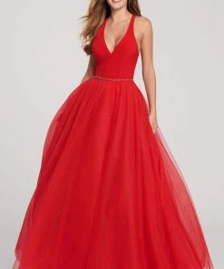 Ellie Wilde - V-Neck Racerback Glitter Tulle Ballgown EW119090 - 1 Pc Hot Pink In Size 2 Available Formal Gowns