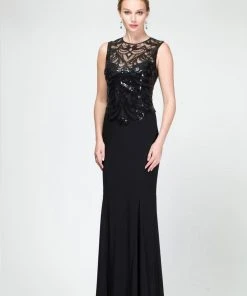 Emma Street - Sequined Illusion Jewel Neck Jersey Dress ES590 Formal Gowns