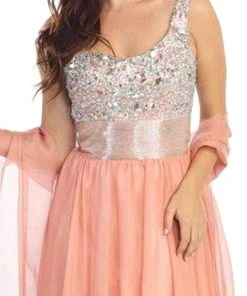 Eureka Fashion - 2401 Beaded One Shoulder Chiffon A-line Dress