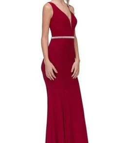 Eureka Fashion - Beaded Plunging V-neck Jersey Evening Dress Formal Gowns