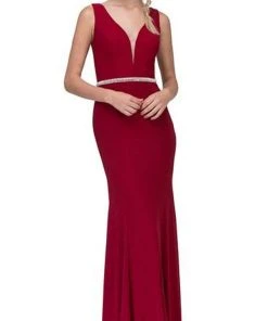 Eureka Fashion - Beaded Plunging V-neck Jersey Evening Dress Formal Gowns