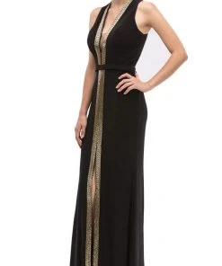 Formal Gowns Eureka Fashion - Plunging Gold Beading Fitted Evening Dress
