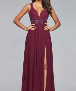 Faviana -10102 Beaded Plunging V Neck Chiffon Dress - 1 Pc Rose Pink In Size 2 Available Formal Gowns