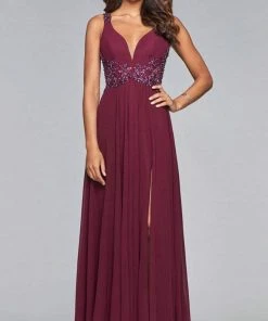Faviana -10102 Beaded Plunging V Neck Chiffon Dress - 1 Pc Rose Pink In Size 2 Available Formal Gowns