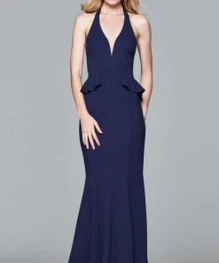 Faviana - 7903 Ponte Illusion V-neck Halter Evening Dress With Peplum Formal Gowns