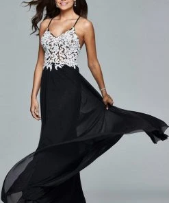 Faviana - 7934 Lace V-Neck A-Line Dress - 1 Pc. Black/Ivory In Size 00 Available Formal Gowns
