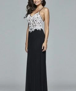 Faviana - 7934 Lace V-Neck A-Line Dress - 1 Pc. Black/Ivory In Size 00 Available Formal Gowns