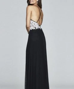 Faviana - 7934 Lace V-Neck A-Line Dress - 1 Pc. Black/Ivory In Size 00 Available Formal Gowns