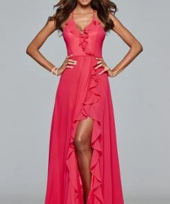 Faviana - 7939 Long Halter Dress With Layered Ruffle Detail