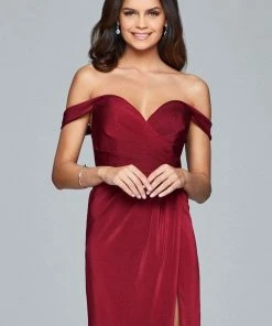 Faviana - 8050-1 Draped Sleeve Off Shoulder Satin Dress
