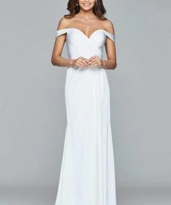 Formal Gowns Faviana - 8083 Off-Shoulder Surplice Sheath Gown - 1 Pc Navy In Size 4 Available