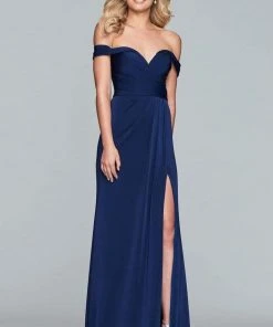 Formal Gowns Faviana - 8083 Off-Shoulder Surplice Sheath Gown - 1 Pc Navy In Size 4 Available