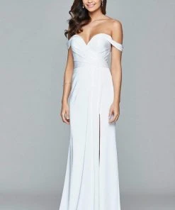 Formal Gowns Faviana - 8083 Off-Shoulder Surplice Sheath Gown - 1 Pc Navy In Size 4 Available