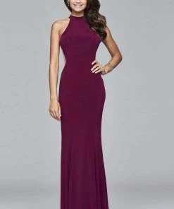 Faviana - Illusion Side Paneled Long Jersey Gown 7943 - 1 Pc Bordeux In Size 6 Available Formal Gowns