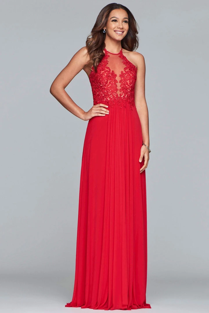 Faviana Formal Gowns- Lace Appliqued Illusion Halter Evening Dress S10203 - 1 Pc Navy In Size 2 Available 3 Faviana Formal Gowns- Lace Appliqued Illusion Halter Evening Dress S10203 - 1 Pc Navy In Size 2 Available