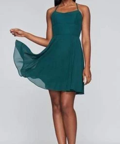 Cocktail Dresses Faviana - Lace Up Back Halter Chiffon Dress S10369 - 1 Pc Evergreen In Size 14 Available
