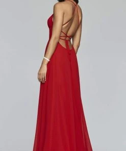 Formal Gowns Faviana - Lace Up Back High Slit Chiffon Dress - 1 Pc Evergreen In Size 12 Available