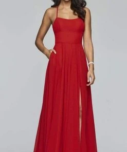 Formal Gowns Faviana - Lace Up Back High Slit Chiffon Dress - 1 Pc Evergreen In Size 12 Available