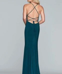 Formal Gowns Faviana - Lace Up Back Long Sheath Dress S10205 - 1 Pc Evergreen In Size 0 Available
