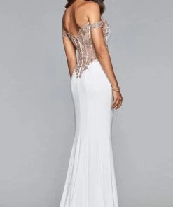 Formal Gowns Faviana - Off-Shoulder Jersey Sheath Long Gown S10001 - 1 Pc Ivory/Rose Gold In Size 0 Available 9 Formal Gowns Faviana - Off-Shoulder Jersey Sheath Long Gown S10001 - 1 Pc Ivory/Rose Gold In Size 0 Available