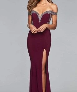 Formal Gowns Faviana - Off-Shoulder Jersey Sheath Long Gown S10001 - 1 Pc Ivory/Rose Gold In Size 0 Available
