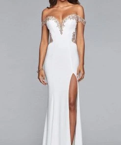 Formal Gowns Faviana - Off-Shoulder Jersey Sheath Long Gown S10001 - 1 Pc Ivory/Rose Gold In Size 0 Available 8 Formal Gowns Faviana - Off-Shoulder Jersey Sheath Long Gown S10001 - 1 Pc Ivory/Rose Gold In Size 0 Available
