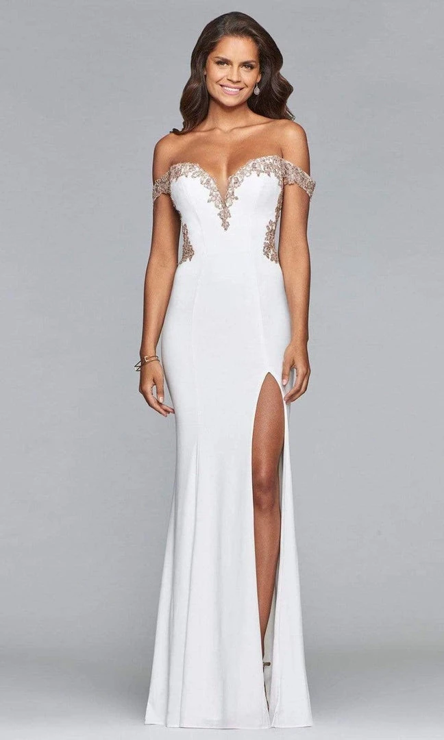 Formal Gowns Faviana - Off-Shoulder Jersey Sheath Long Gown S10001 - 1 Pc Ivory/Rose Gold In Size 0 Available 5 Formal Gowns Faviana - Off-Shoulder Jersey Sheath Long Gown S10001 - 1 Pc Ivory/Rose Gold In Size 0 Available