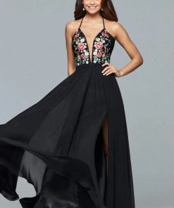 Faviana - Plunging Floral Embroidered Chiffon Gown 10000 Formal Gowns