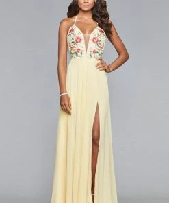 Faviana - Plunging Floral Embroidered Chiffon Gown 10000 Formal Gowns