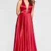 Faviana - Plunging V-Neck Charmeuse A-line Dress S10403 - 1 Pc Red In Size 14 Available