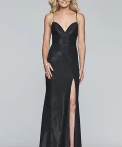 Formal Gowns Faviana - S10218 Metallic Jersey V-neck Trumpet Dress With Slit